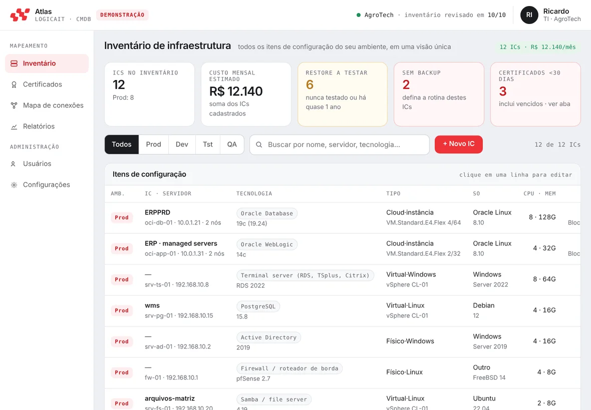 Tela do LogicaIT Atlas com o inventário de servidores e databases