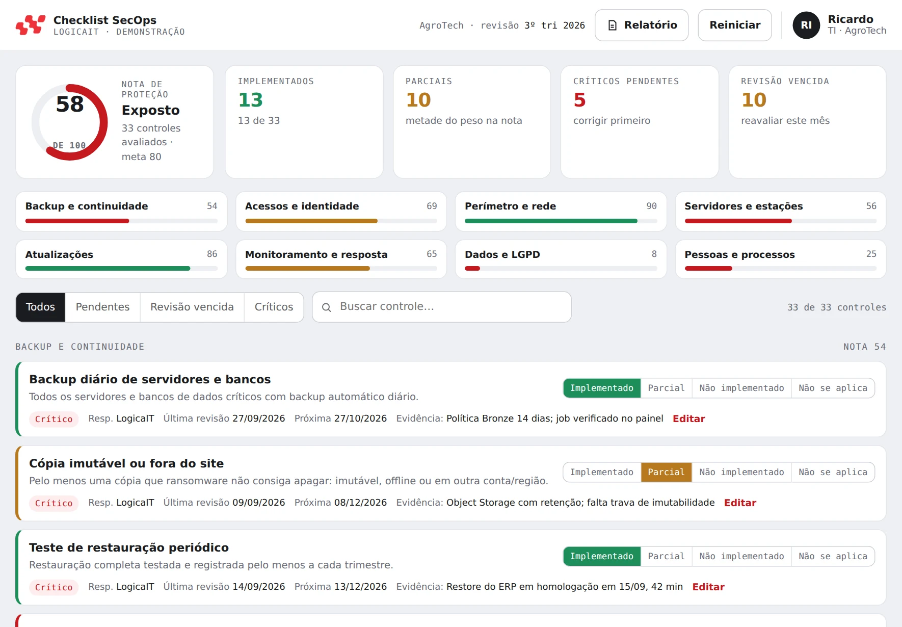 Tela do Checklist SecOps com controles, nota de proteção e pendências